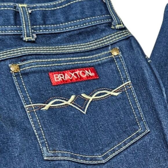 1980s Braxton Stretch Creased Blue Denim Jeans Contrasting White Thread 26 Inch - Picture 1 of 10